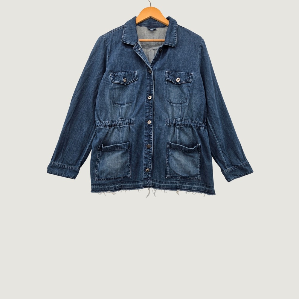 J. Jill Denim Field Jacket Blue Cinched Waist Raw Hem Utility Coat Womens Large